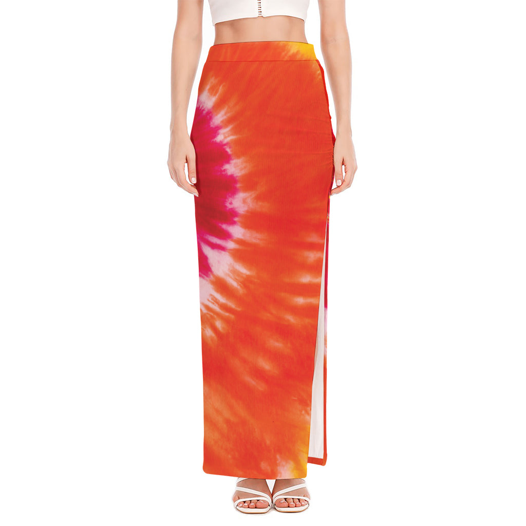 Red Yellow And Orange Tie Dye Print High Slit Maxi Skirt