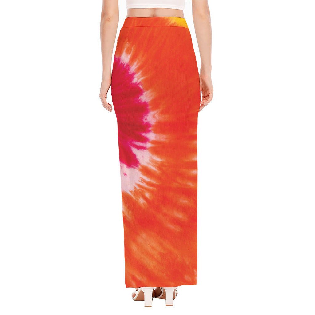 Red Yellow And Orange Tie Dye Print High Slit Maxi Skirt
