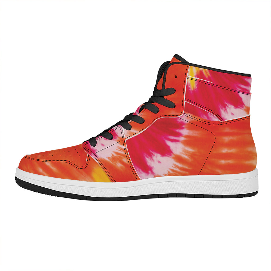 Red Yellow And Orange Tie Dye Print High Top Leather Sneakers
