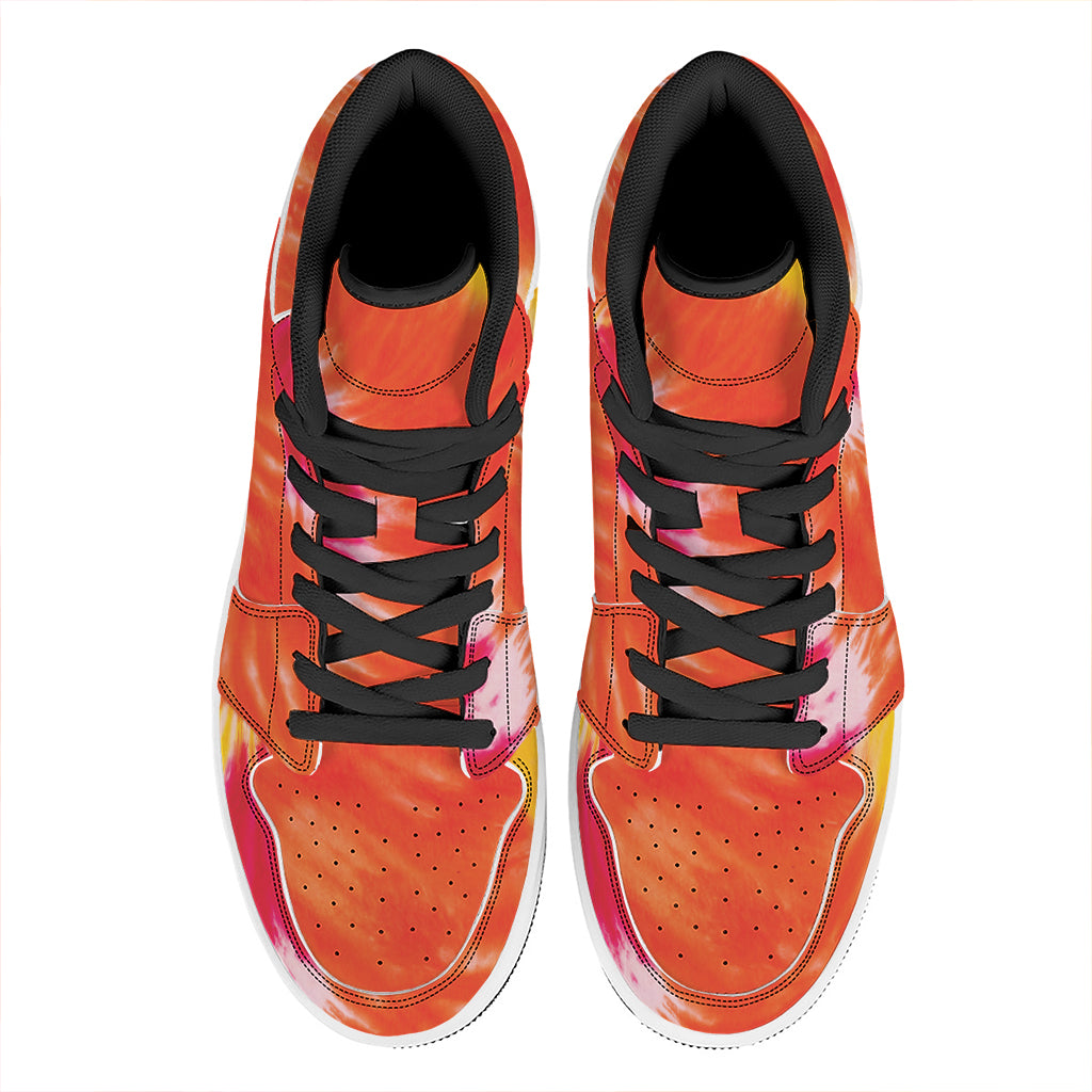 Red Yellow And Orange Tie Dye Print High Top Leather Sneakers
