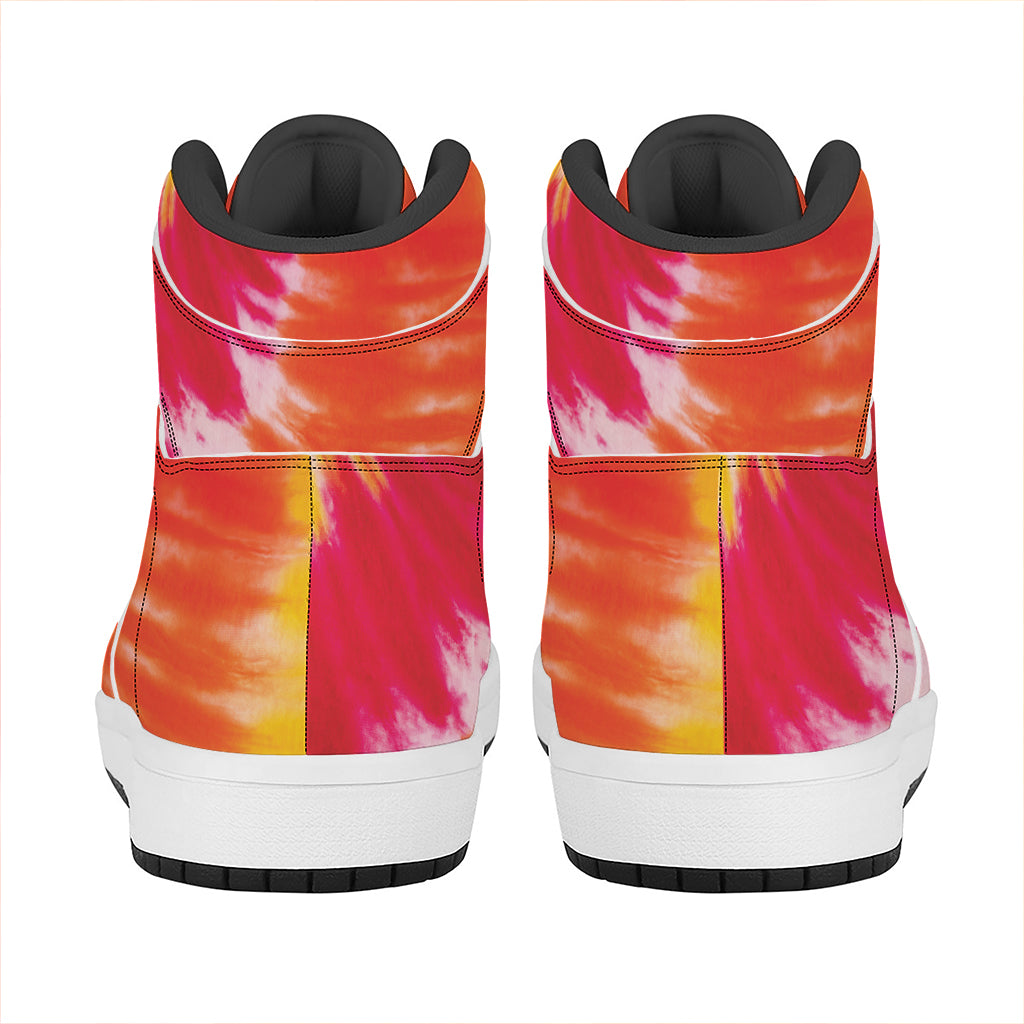 Red Yellow And Orange Tie Dye Print High Top Leather Sneakers