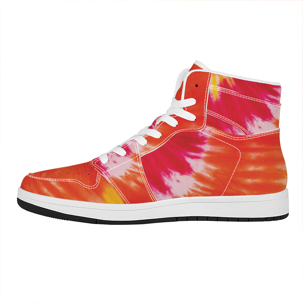 Red Yellow And Orange Tie Dye Print High Top Leather Sneakers