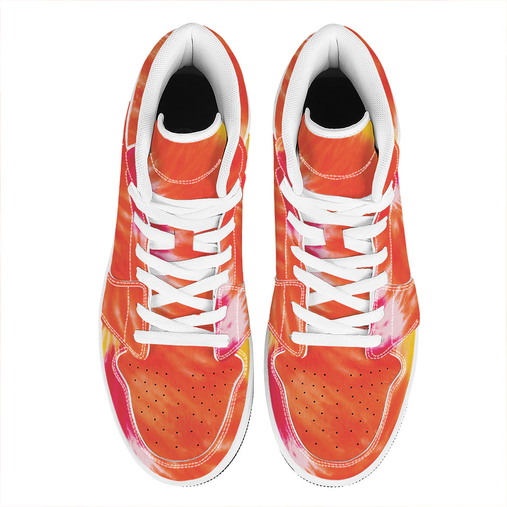 Red Yellow And Orange Tie Dye Print High Top Leather Sneakers