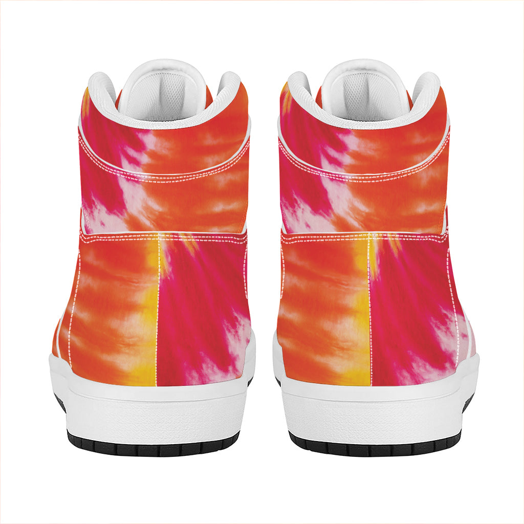 Red Yellow And Orange Tie Dye Print High Top Leather Sneakers