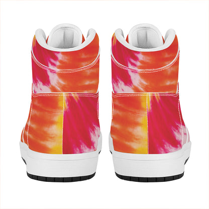 Red Yellow And Orange Tie Dye Print High Top Leather Sneakers