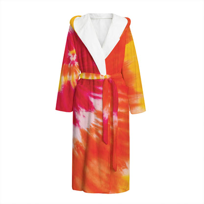 Red Yellow And Orange Tie Dye Print Hooded Bathrobe