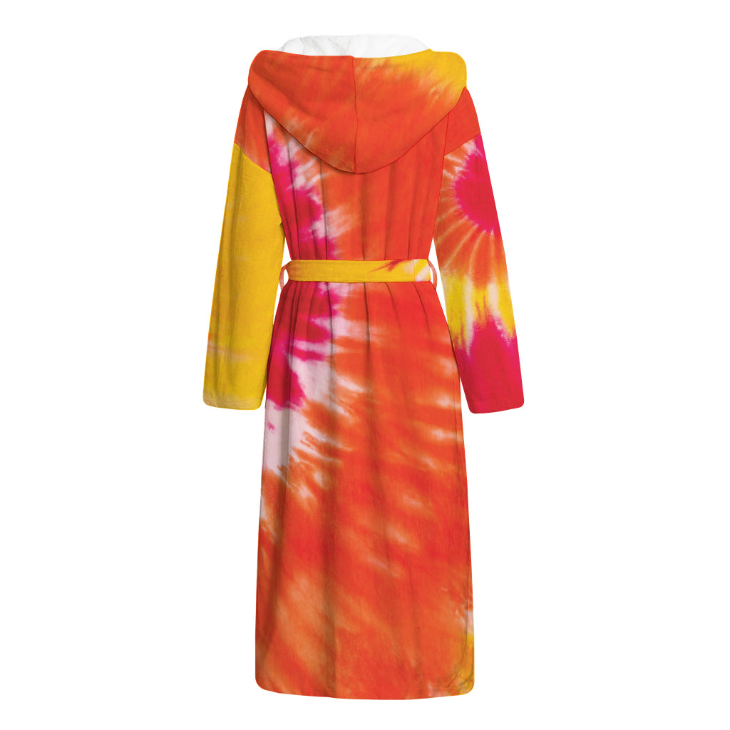 Red Yellow And Orange Tie Dye Print Hooded Bathrobe