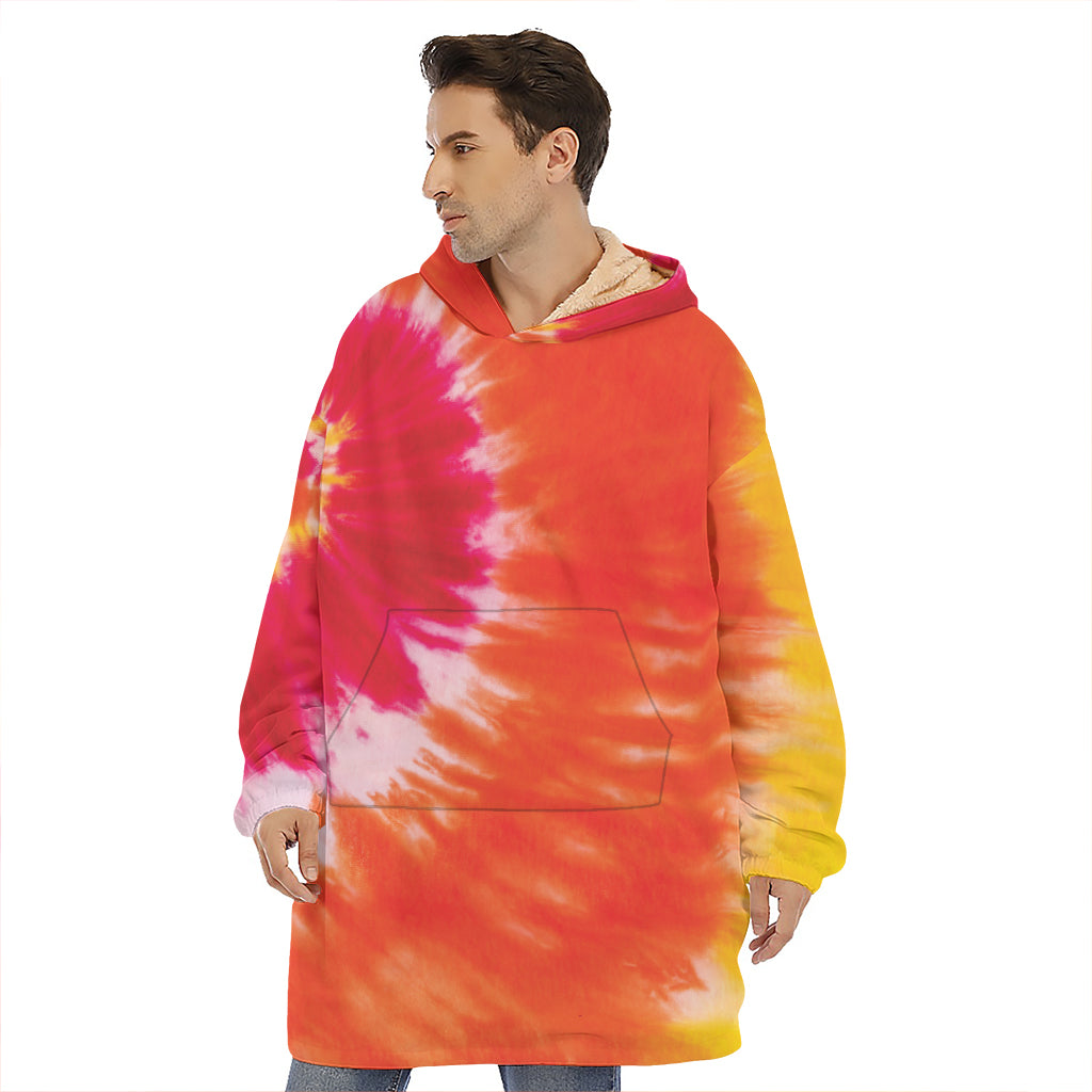 Red Yellow And Orange Tie Dye Print Hoodie Blanket