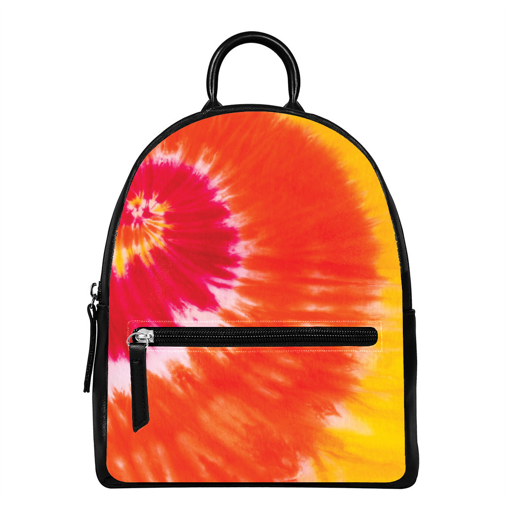 Red Yellow And Orange Tie Dye Print Leather Backpack