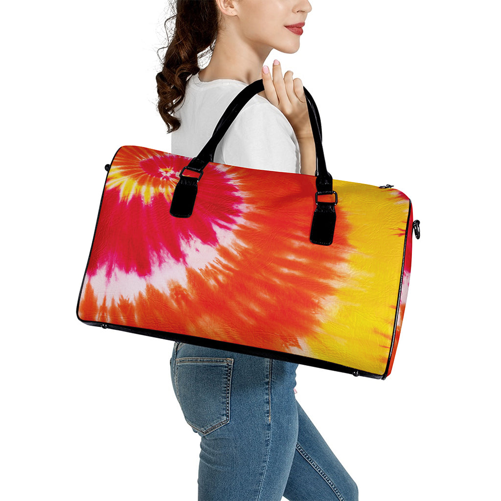 Red Yellow And Orange Tie Dye Print Leather Duffle Bag