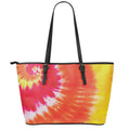 Red Yellow And Orange Tie Dye Print Leather Tote Bag With Zipper
