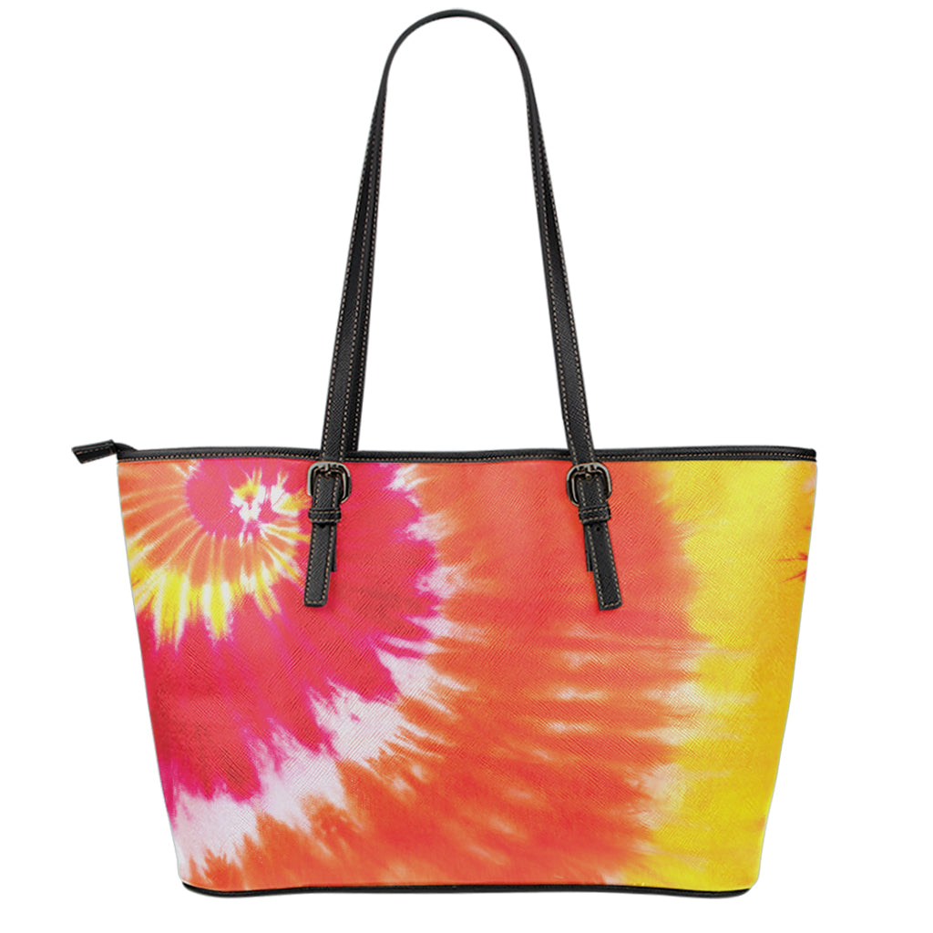Red Yellow And Orange Tie Dye Print Leather Tote Bag