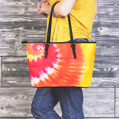 Red Yellow And Orange Tie Dye Print Leather Tote Bag