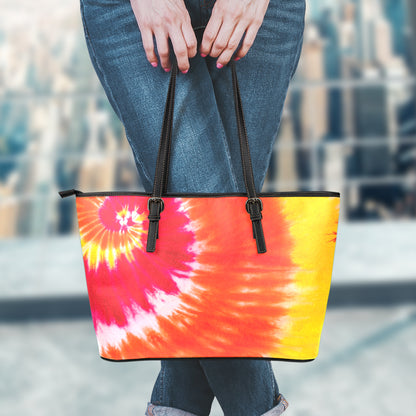 Red Yellow And Orange Tie Dye Print Leather Tote Bag