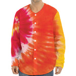 Red Yellow And Orange Tie Dye Print Long Sleeve Baseball Jersey