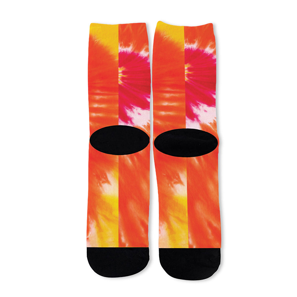 Red Yellow And Orange Tie Dye Print Long Socks