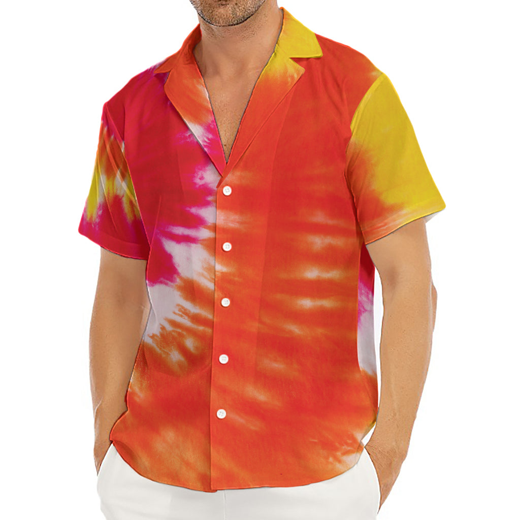Red Yellow And Orange Tie Dye Print Men's Deep V-Neck Shirt