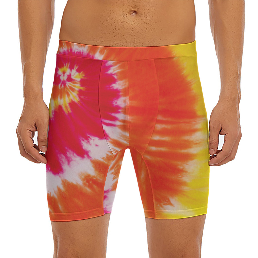 Red Yellow And Orange Tie Dye Print Men's Long Boxer Briefs