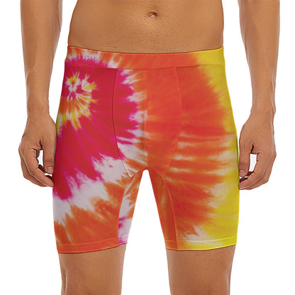Red Yellow And Orange Tie Dye Print Men's Long Boxer Briefs