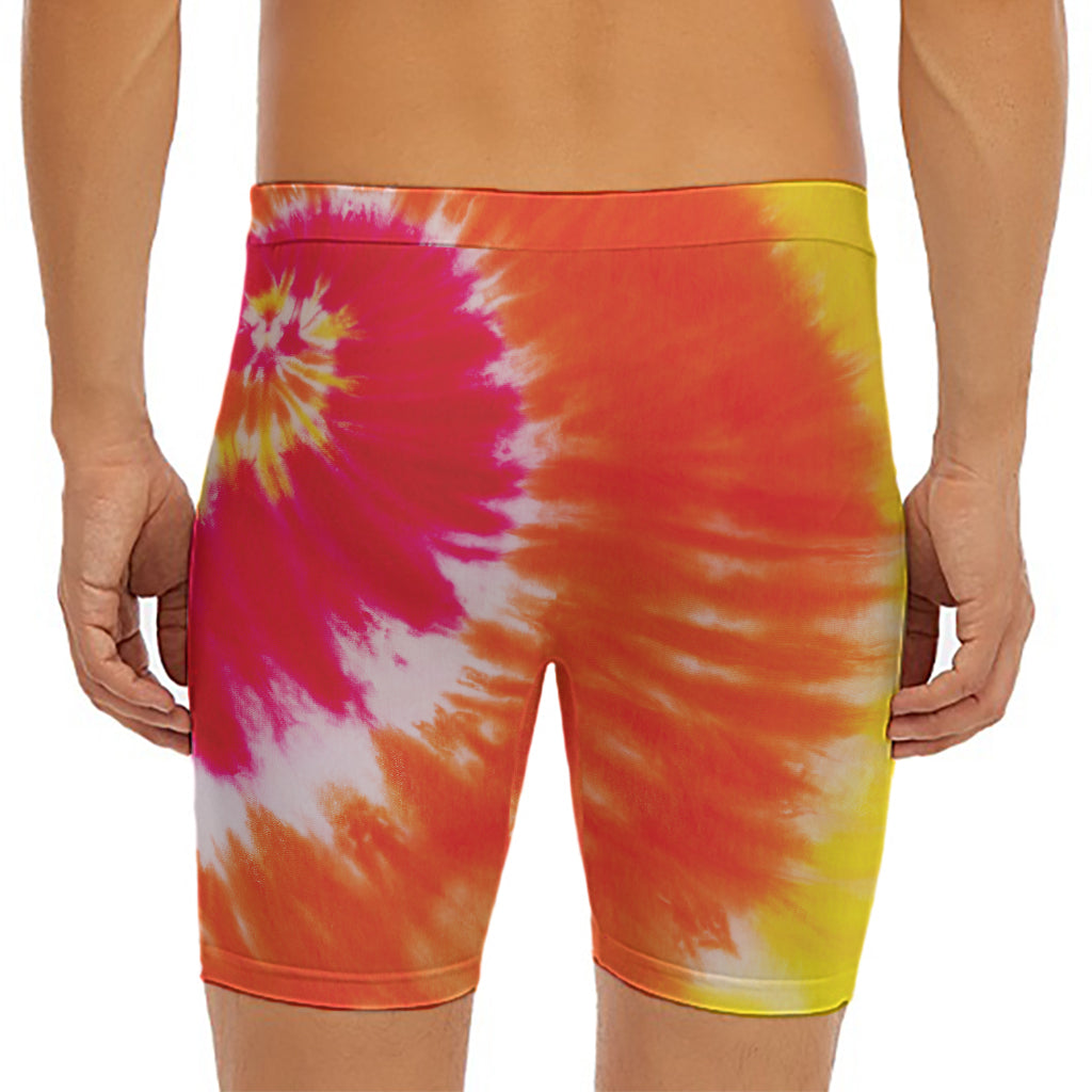 Red Yellow And Orange Tie Dye Print Men's Long Boxer Briefs