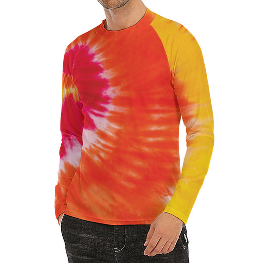 Red Yellow And Orange Tie Dye Print Men's Long Sleeve Rash Guard