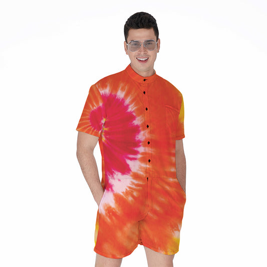 Red Yellow And Orange Tie Dye Print Men's Rompers