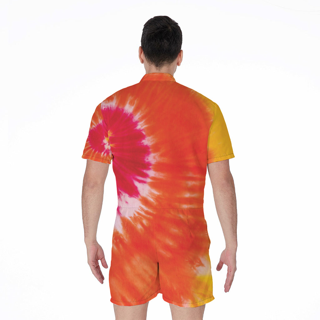 Red Yellow And Orange Tie Dye Print Men's Rompers