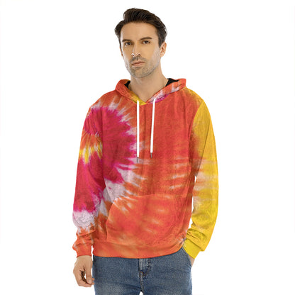 Red Yellow And Orange Tie Dye Print Men's Velvet Pullover Hoodie