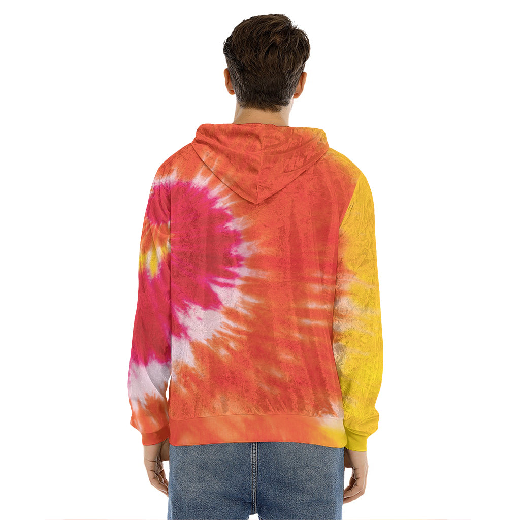 Red Yellow And Orange Tie Dye Print Men's Velvet Pullover Hoodie