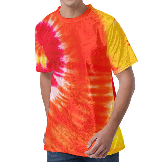 Red Yellow And Orange Tie Dye Print Men's Velvet T-Shirt