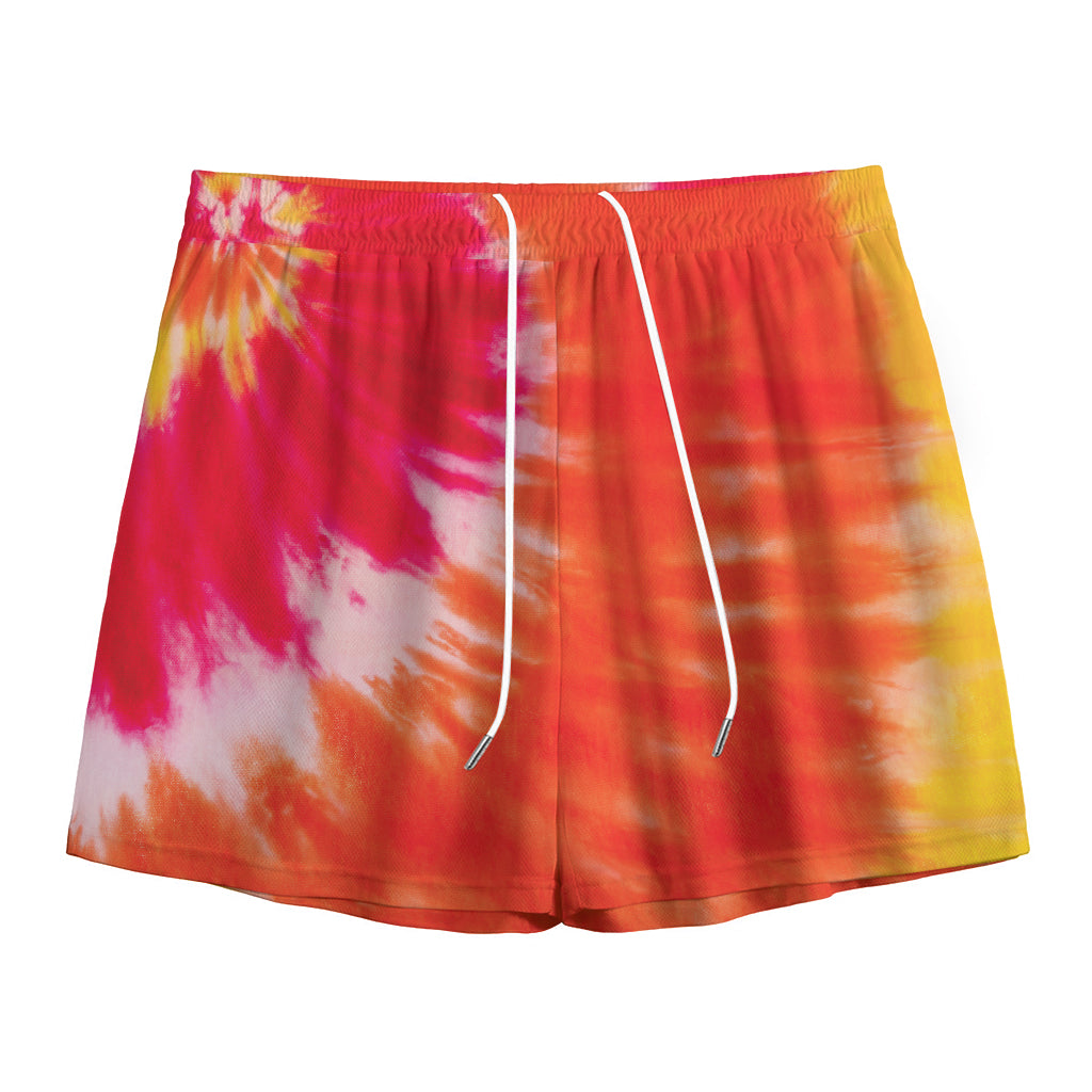 Red Yellow And Orange Tie Dye Print Mesh Shorts