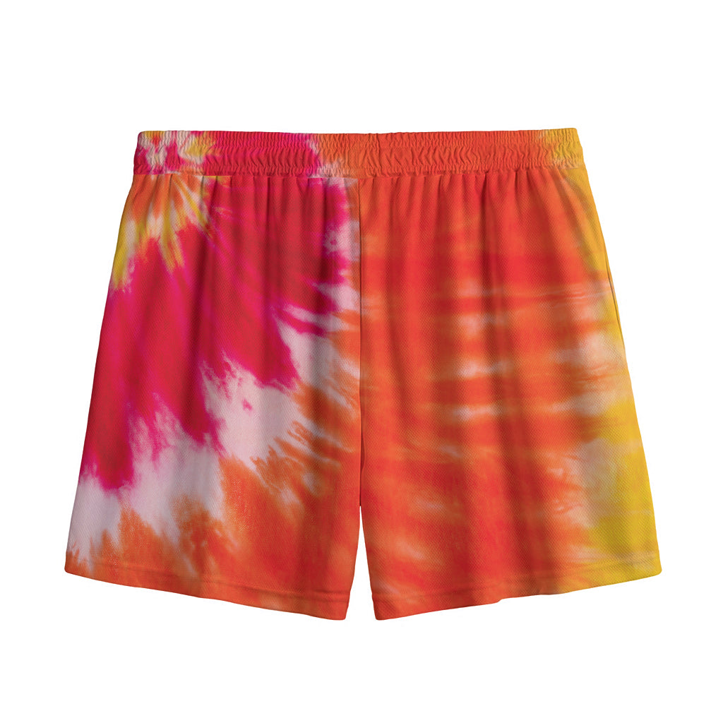 Red Yellow And Orange Tie Dye Print Mesh Shorts