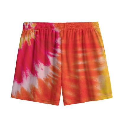 Red Yellow And Orange Tie Dye Print Mesh Shorts