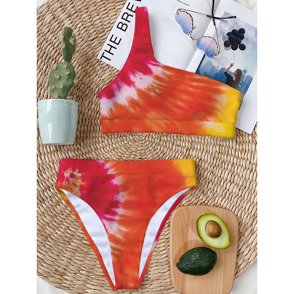 Red Yellow And Orange Tie Dye Print One Shoulder Bikini Top