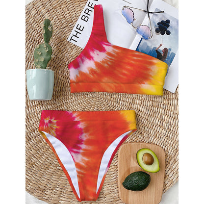 Red Yellow And Orange Tie Dye Print One Shoulder Bikini Top