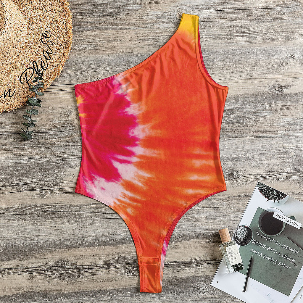 Red Yellow And Orange Tie Dye Print One Shoulder Bodysuit