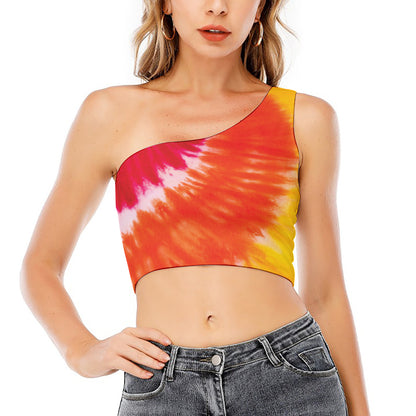 Red Yellow And Orange Tie Dye Print One Shoulder Crop Top
