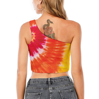 Red Yellow And Orange Tie Dye Print One Shoulder Crop Top