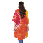 Red Yellow And Orange Tie Dye Print Open Front Beach Cover Up