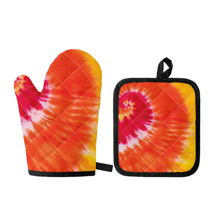 Red Yellow And Orange Tie Dye Print Oven Mitt And Pot Holder Set