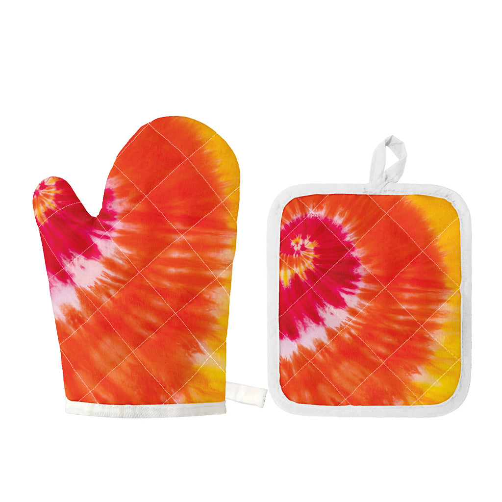 Red Yellow And Orange Tie Dye Print Oven Mitt And Pot Holder Set