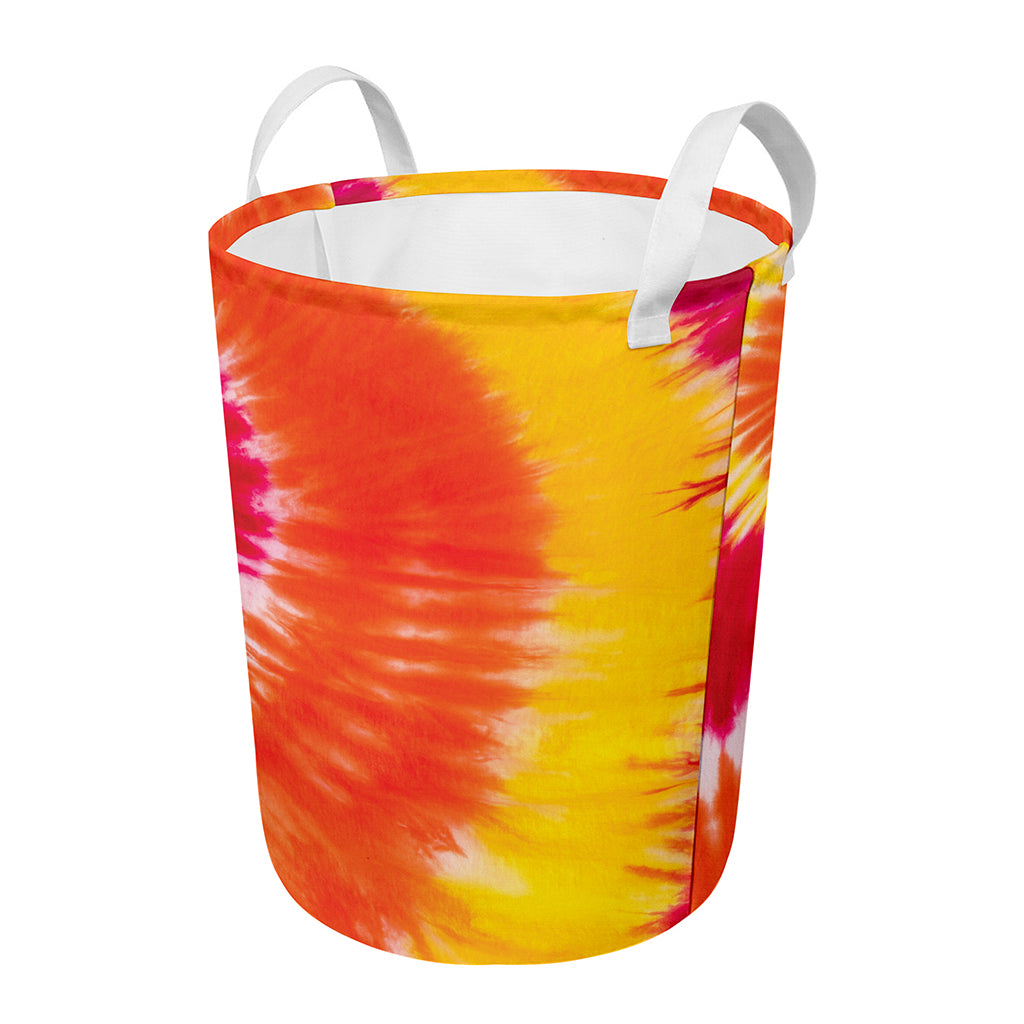 Red Yellow And Orange Tie Dye Print Round Laundry Basket