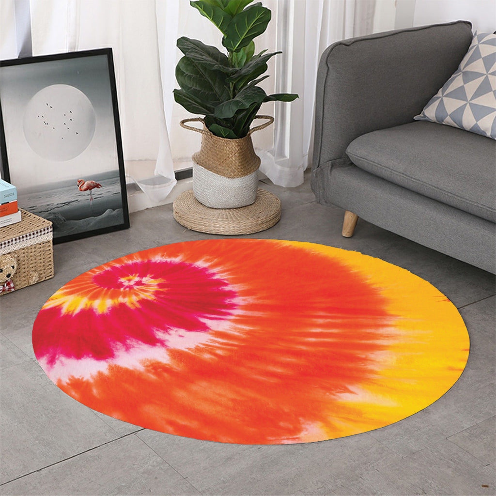 Red Yellow And Orange Tie Dye Print Round Rug