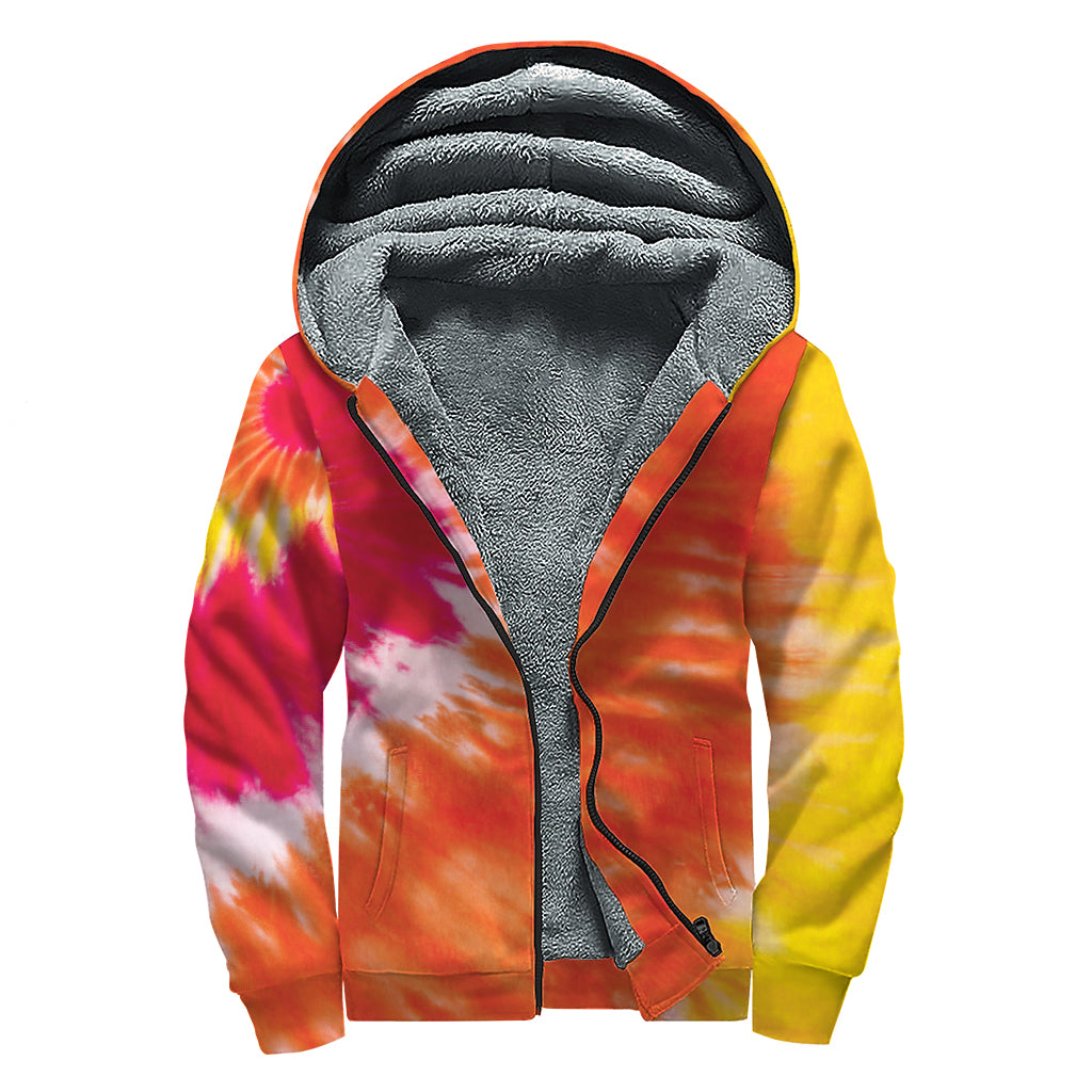 Red Yellow And Orange Tie Dye Print Sherpa Lined Zip Up Hoodie
