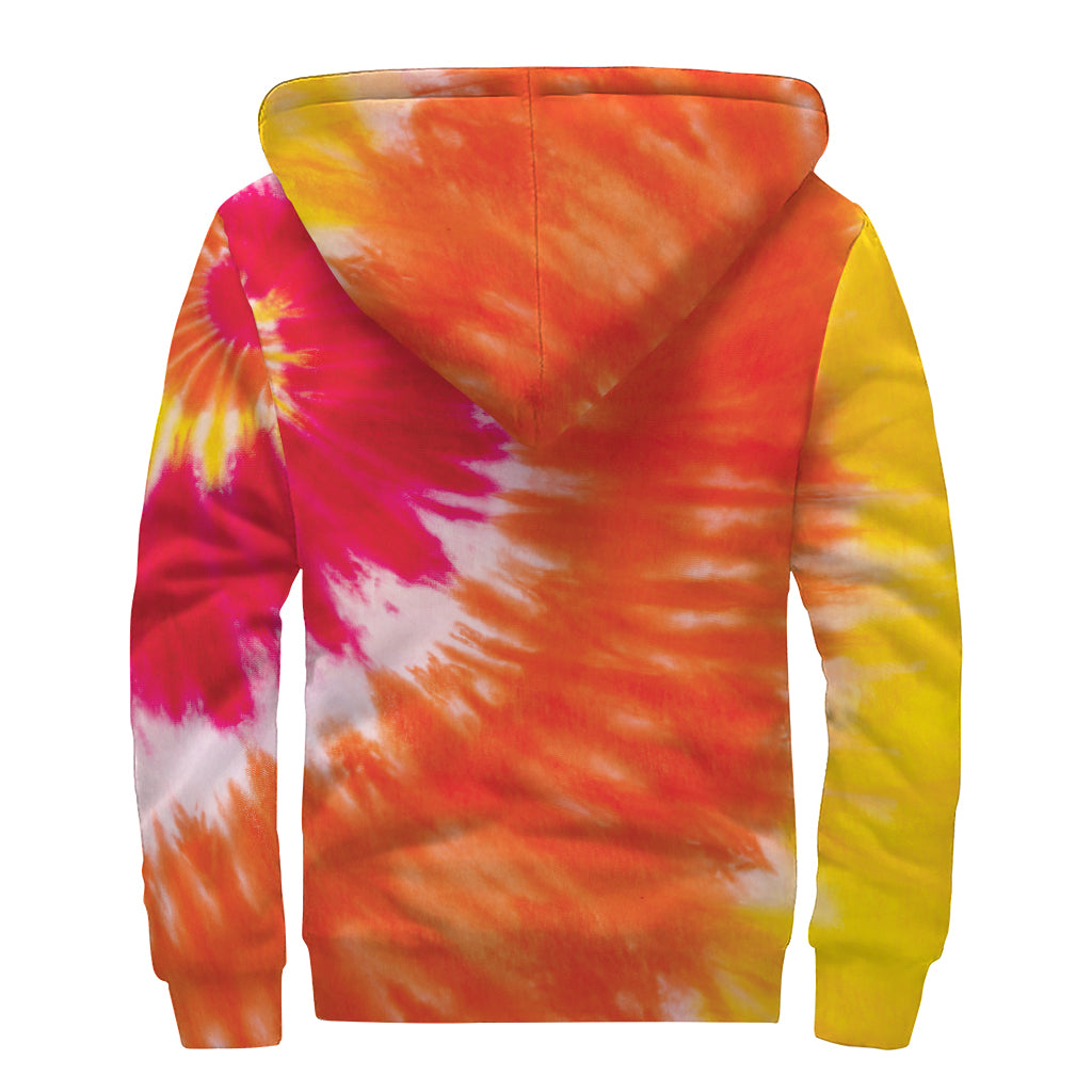 Red Yellow And Orange Tie Dye Print Sherpa Lined Zip Up Hoodie