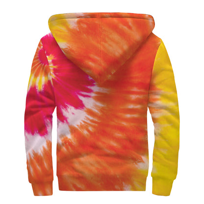 Red Yellow And Orange Tie Dye Print Sherpa Lined Zip Up Hoodie