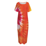 Red Yellow And Orange Tie Dye Print Short Sleeve Long Nightdress