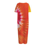 Red Yellow And Orange Tie Dye Print Short Sleeve Long Nightdress