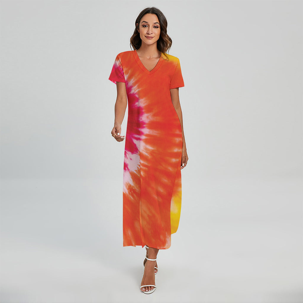 Red Yellow And Orange Tie Dye Print Short Sleeve Maxi Dress