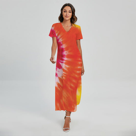 Red Yellow And Orange Tie Dye Print Short Sleeve Maxi Dress